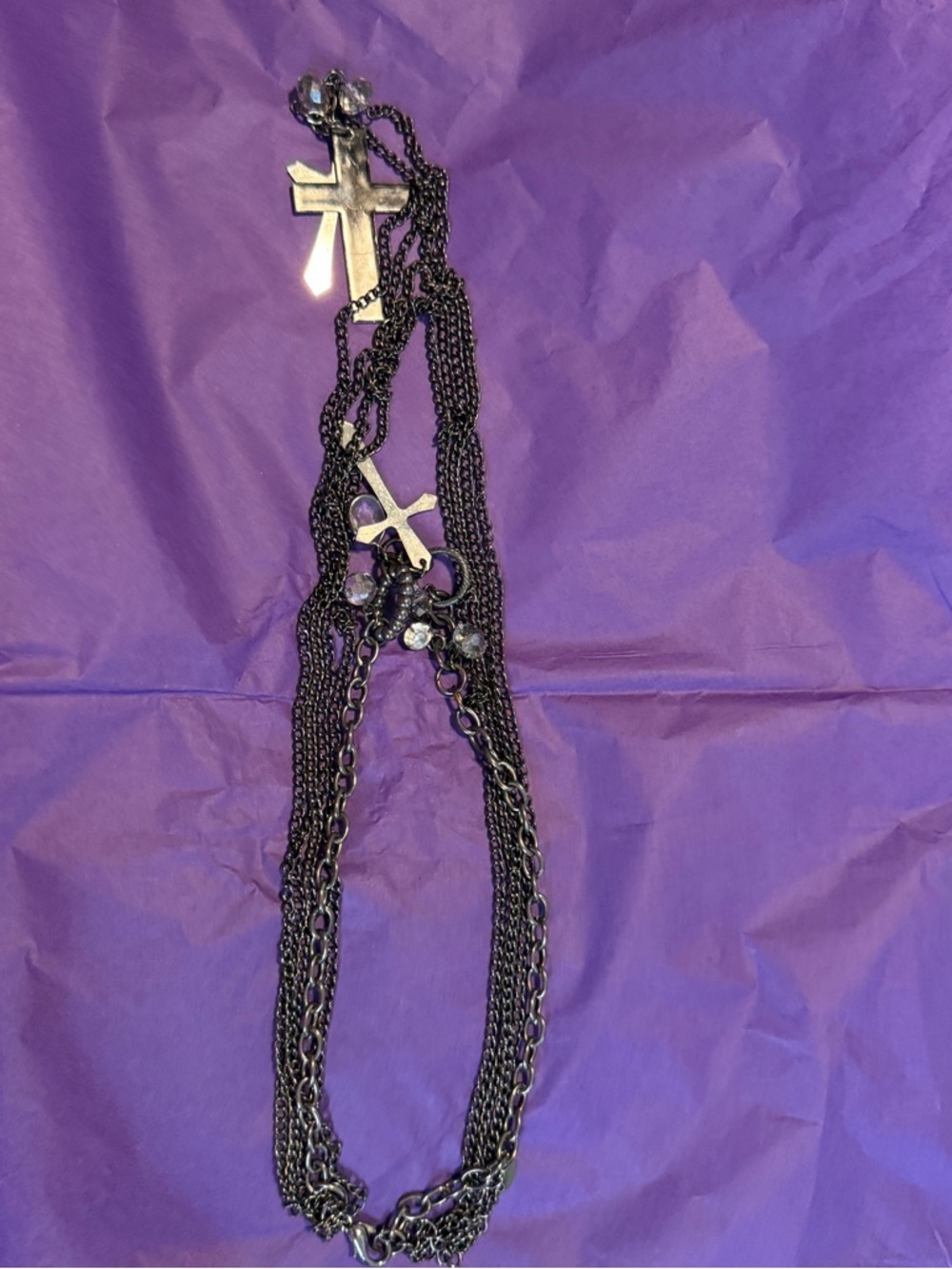 Source Unknown Gunmetal Multi-Layer Cross Necklace with Crystal Drops - Picture 6 of 6